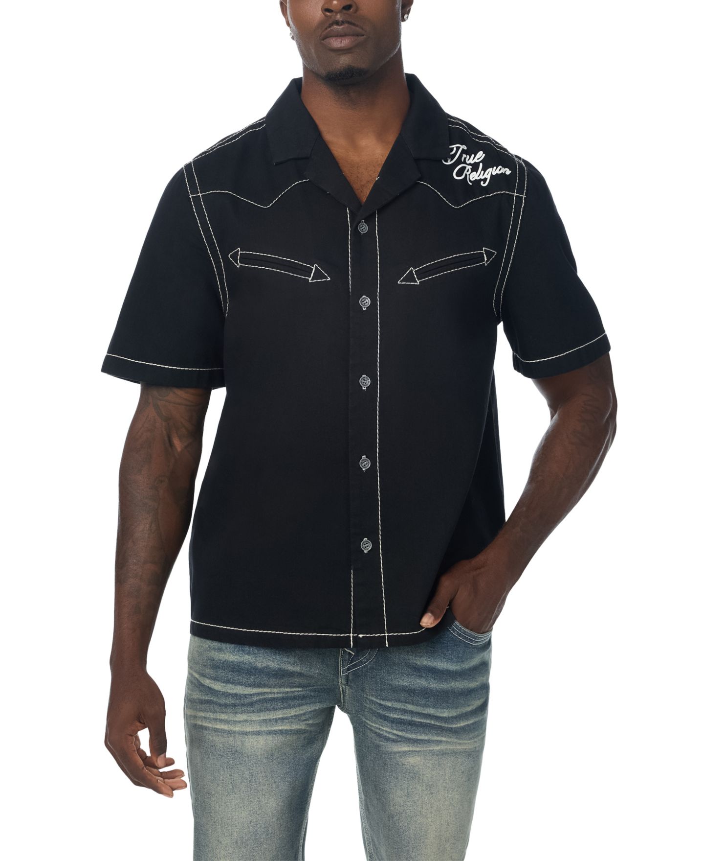Мужская рубашка True Religion Short-Sleeve Denim Western, цвет: Чёрный — фото 2