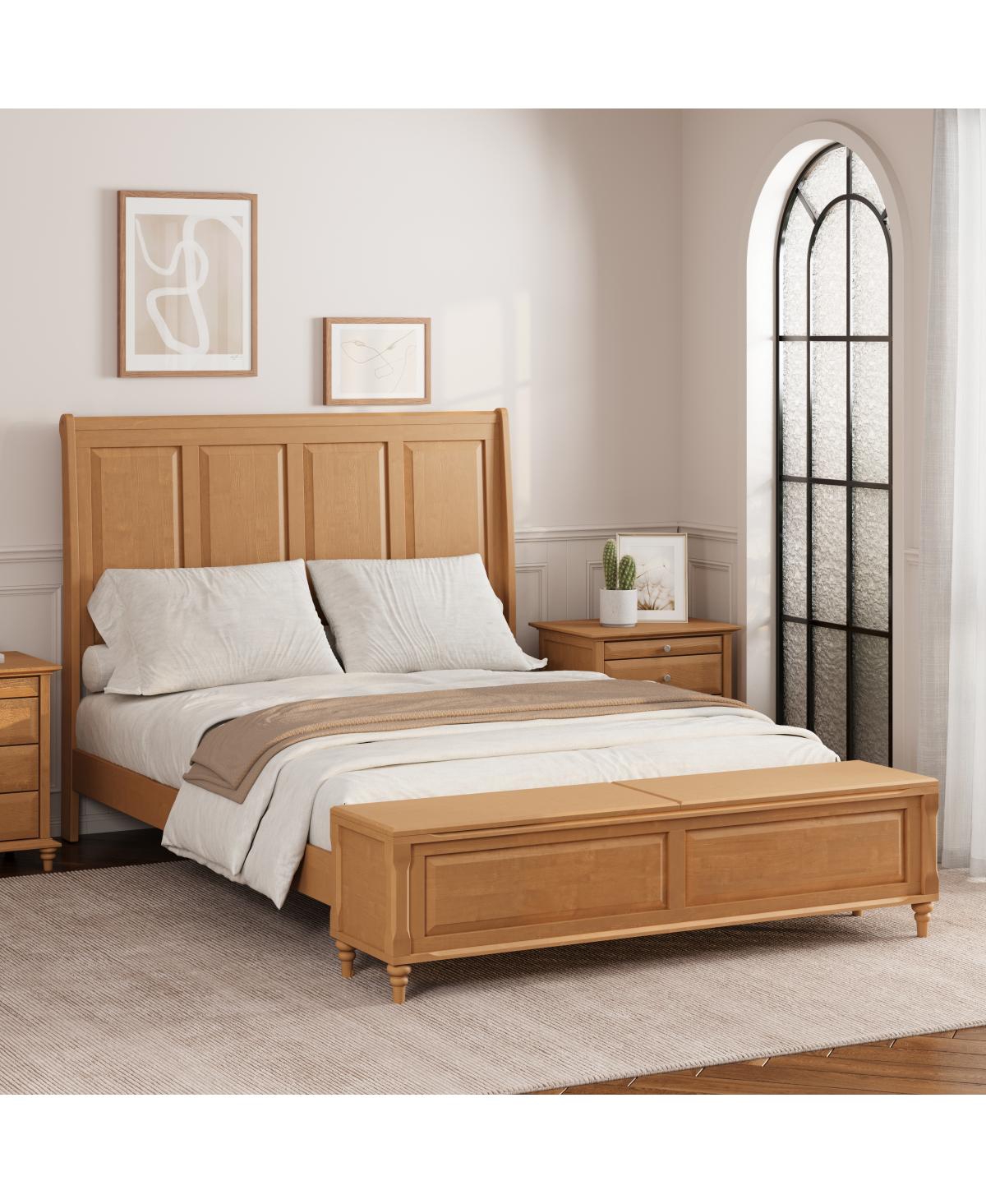 Streamdale Furniture Queen Wood Sleigh Bed with Tall Headboard and Storage Bench - Natural