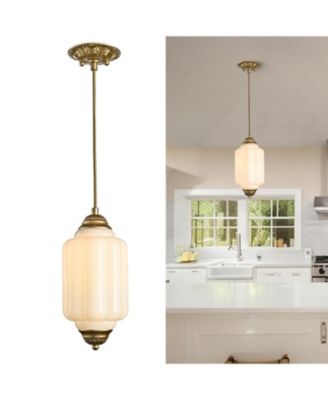 Vintage Milk Glass Pendant Light Mid Century Pumpkin-Shaped Adjustable Hanging Light