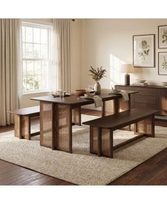  Walnut Rubber Wood Dining Set: Table and 2 Rattan Benches
