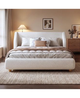 Modern Boucl Queen Bed Frame with Extra-Wide Wingback Headboard