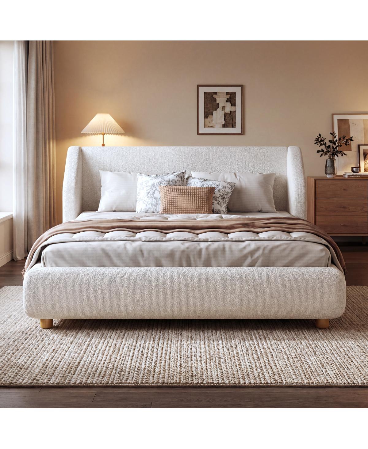 Streamdale Furniture Modern Boucl Queen Bed Frame with Extra-Wide Wingback Headboard