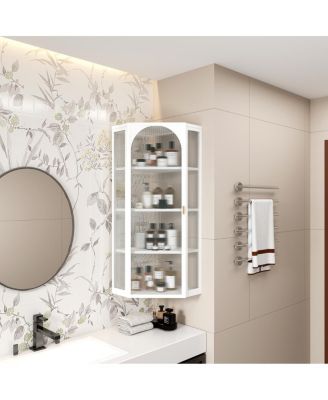 Glass Door Wall-Mounted Corner Cabinet with 4-Tier Storage