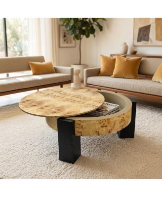 33 Round Burl Wood Storage Coffee Table with Hidden Compartment