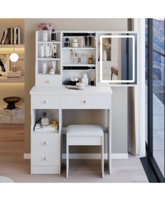 29.2 Inch Small Vanity Table with LED Mirror, Left Drawer, 3-Color Dimmable Light and Stool