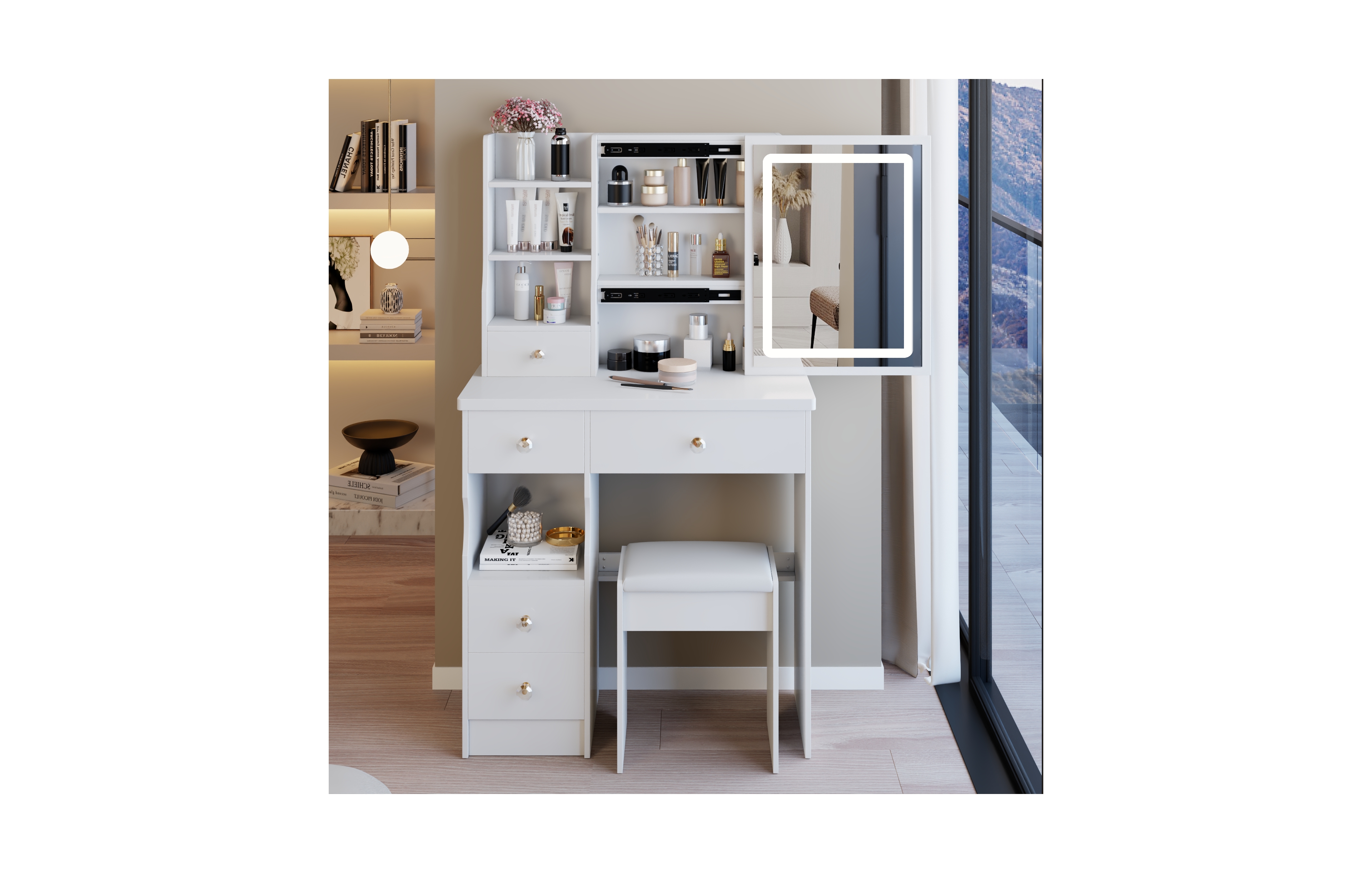 Flynama 29.2 Inch Small Vanity Table with Led Mirror, Left Drawer, 3-Color Dimmable Light and Stool