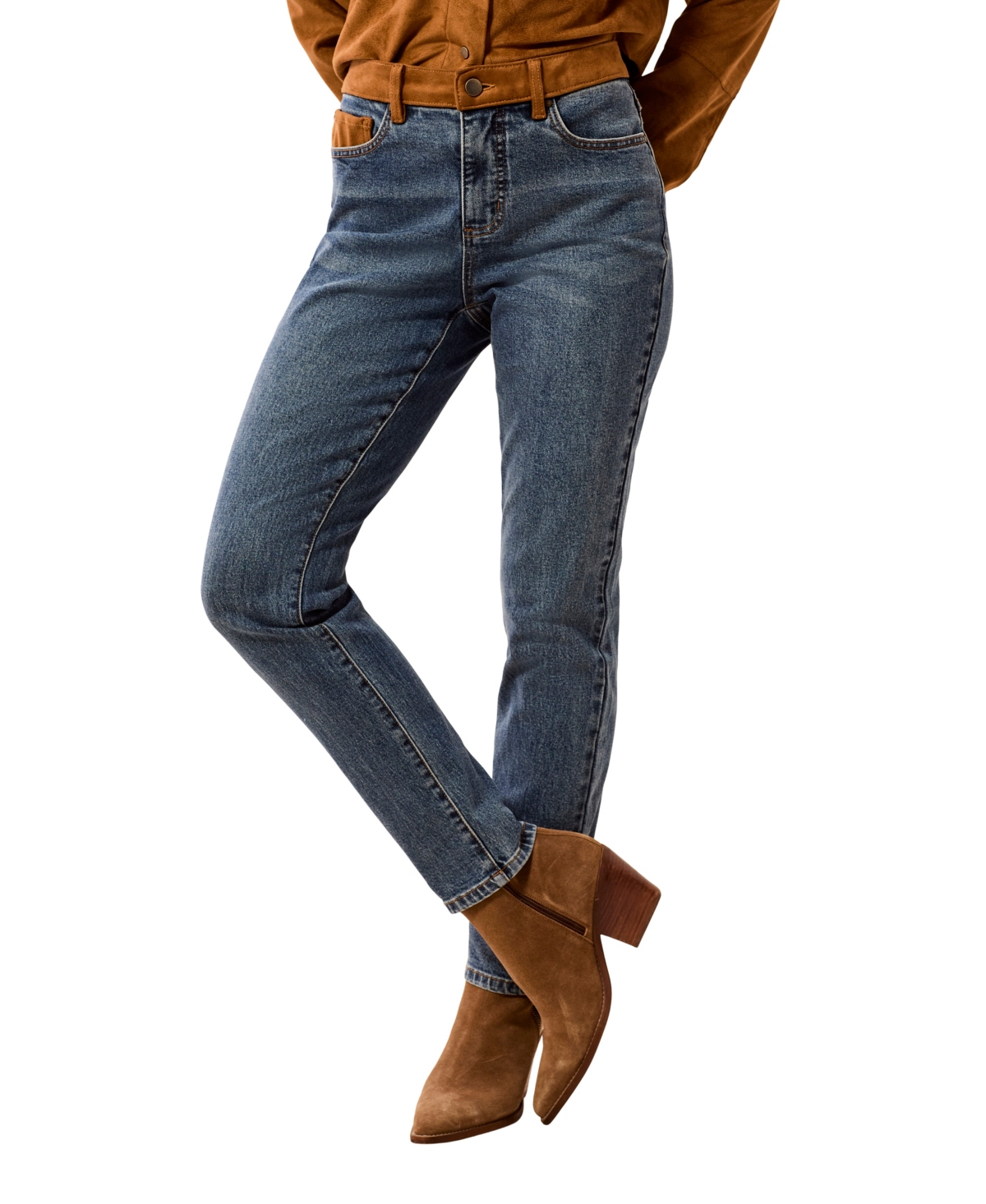 Tribal Women's Audrey Mid-Rise Slim Suede-Detail Jeans