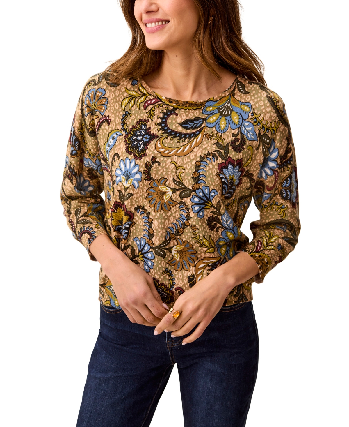 Tribal Women's Drop-Shoulder Floral-Print Loose-Fit Crewneck Sweater