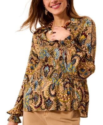Women's Balloon-Sleeve Smocked Paisley-Print Blouse