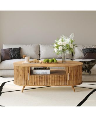 45 Oval Mid-Century Modern Coffee Table with Storage and Sliding Door