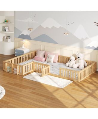 L-Shaped Twin and Full Floor Bed with Bookcase and Safety Gate