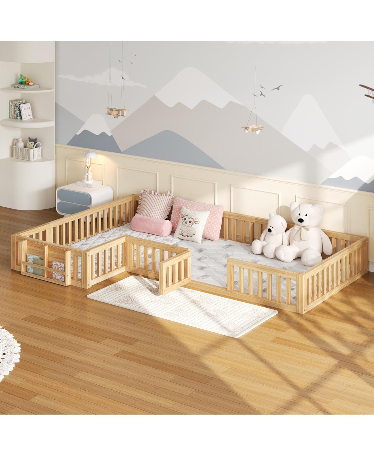 Streamdale Furniture L-Shaped Twin and Full Floor Bed with Bookcase and Safety Gate - Natural