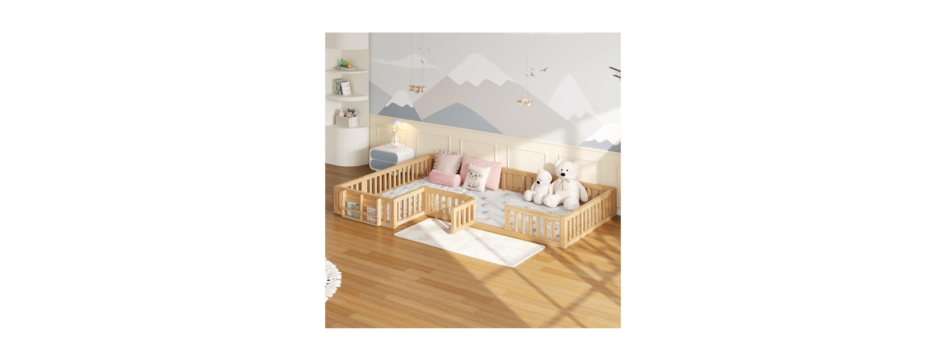 Streamdale Furniture L-Shaped Twin and Full Floor Bed with Bookcase and Safety Gate
