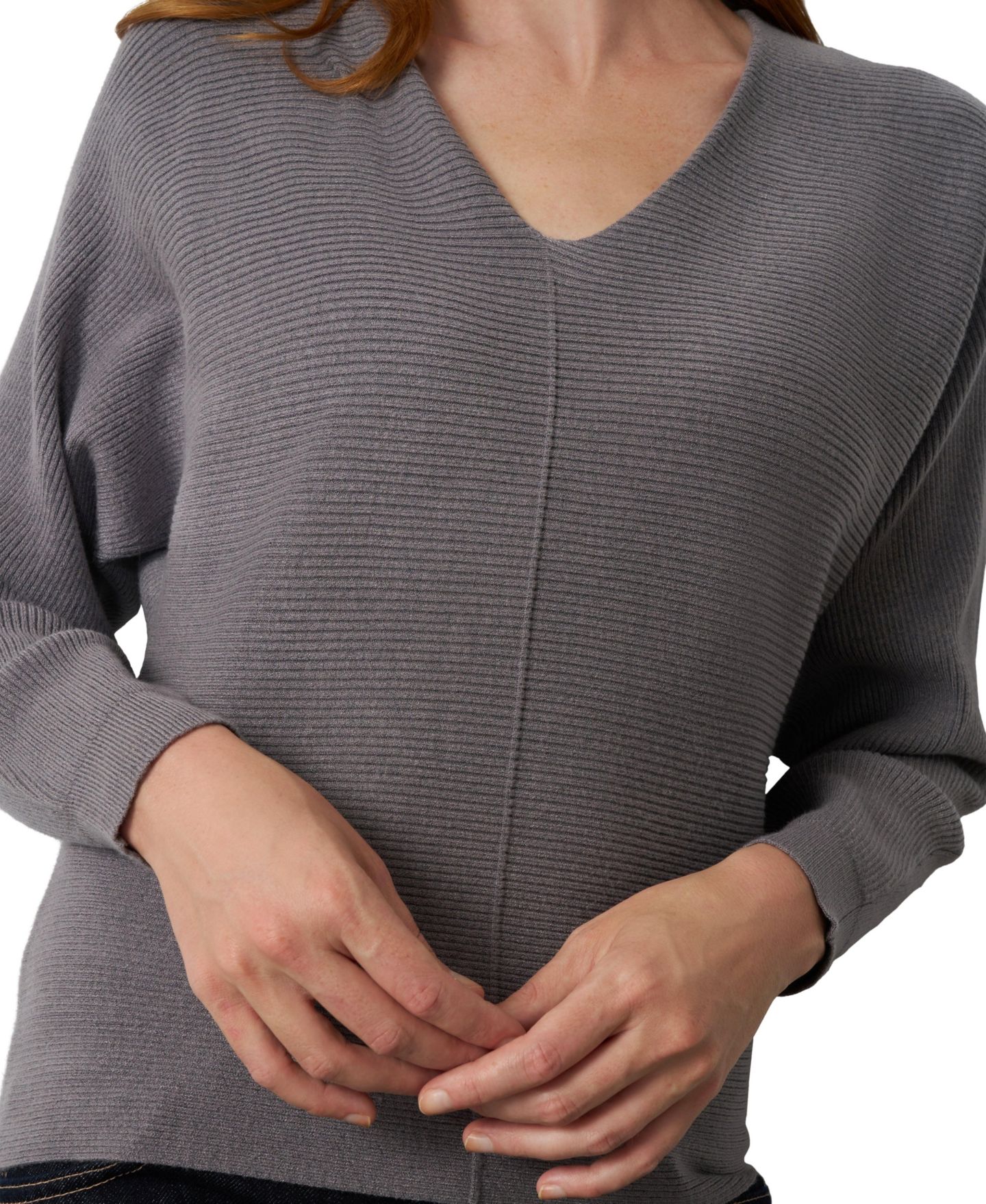 Женский свитер Cable & Gauge Dolman Rib-Knit V-Neck, цвет: Меланжевый серый — фото 4