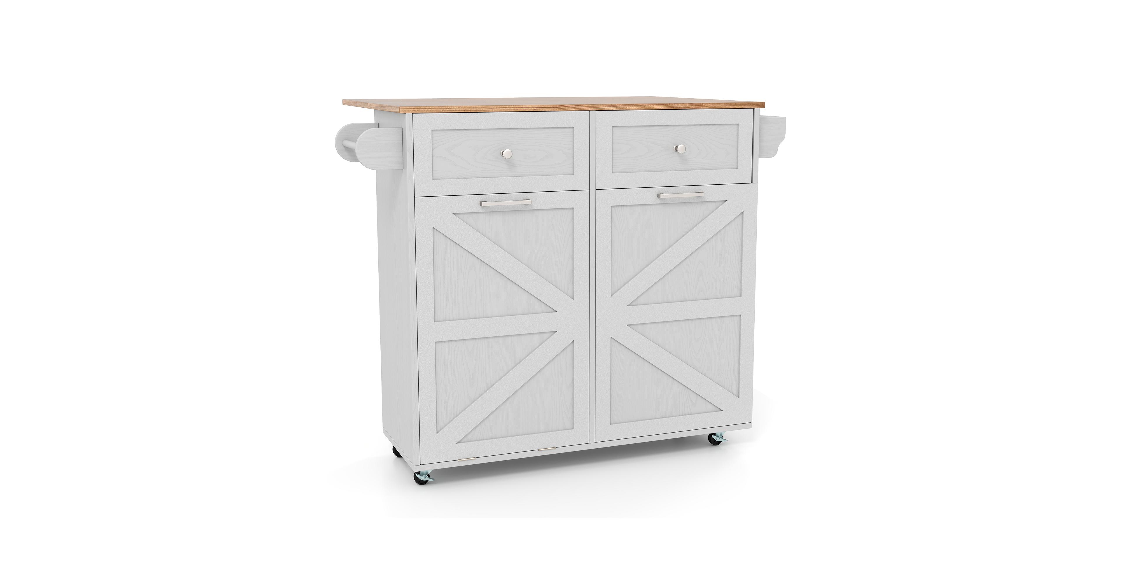 Mecale 42 in Rolling Kitchen Island with Trash Cabinet and Drop Leaf
