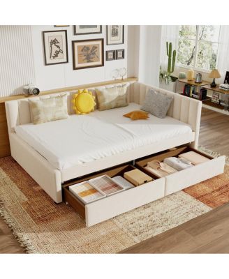 Upholstered Velvet Full Daybed with Storage Drawers and L-Shaped Headboard