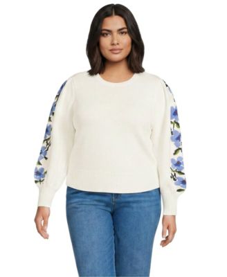 Plus Size Drifter Puff Sleeve Jacquard Crewneck Sweater