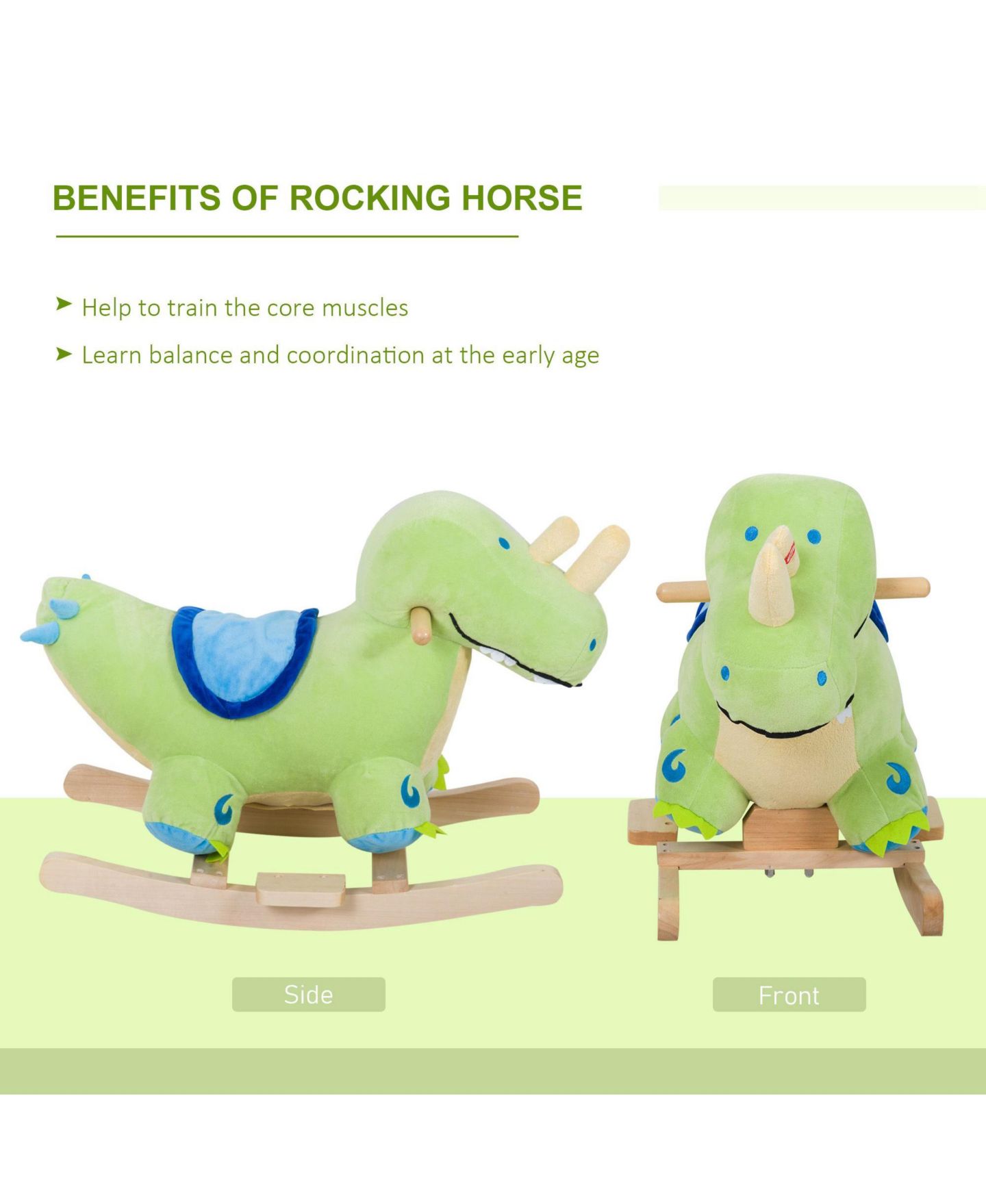 Детская мягкая игрушка Glintex Plush Ride-On Rocking Dinosaur with Realistic Sounds, 17.75" H, Wooden Base, Rocker, Holds 66 lbs, Ages 18 Months+, цвет: Зелёный — фото 5