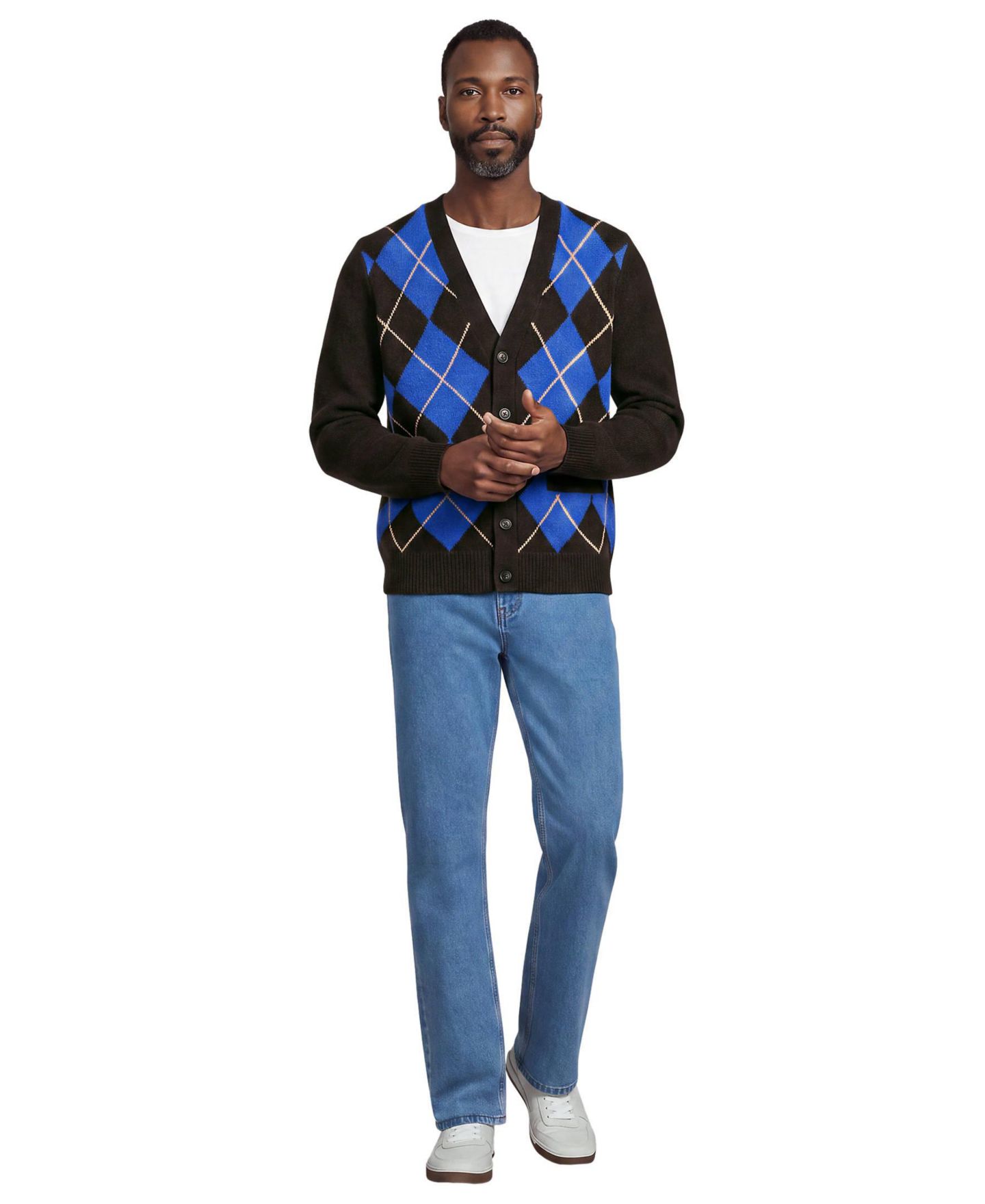 Мужской кардиган Lands' End Long Sleeve Fuzzy Argyle Cardigan, цвет: Тёмно-коричневый с ромбами — фото 3