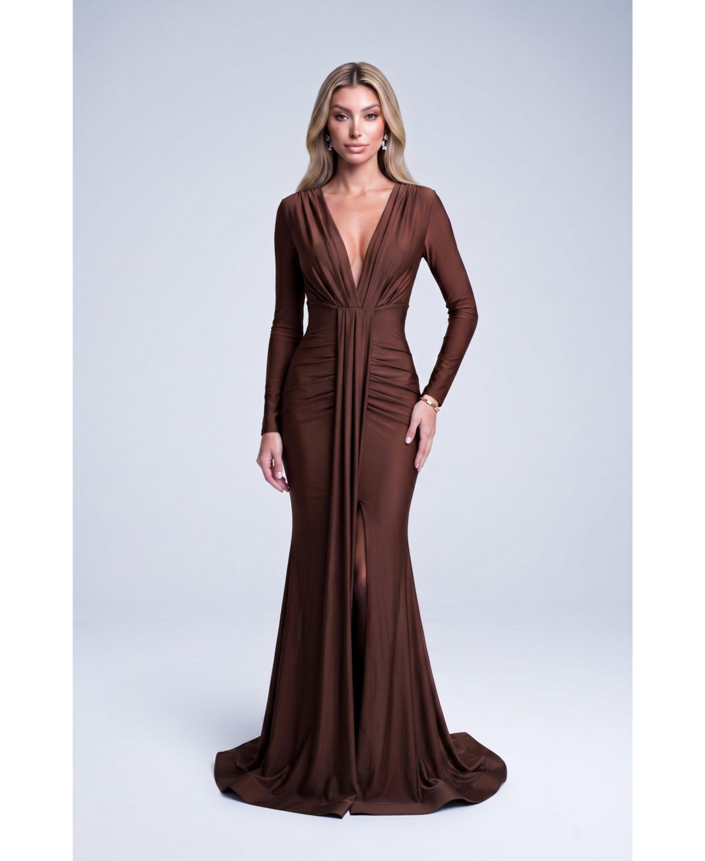 Женское платье Jessica Angel Long-Sleeve Ruched Mermaid Gown, цвет: Коричневый — фото 5