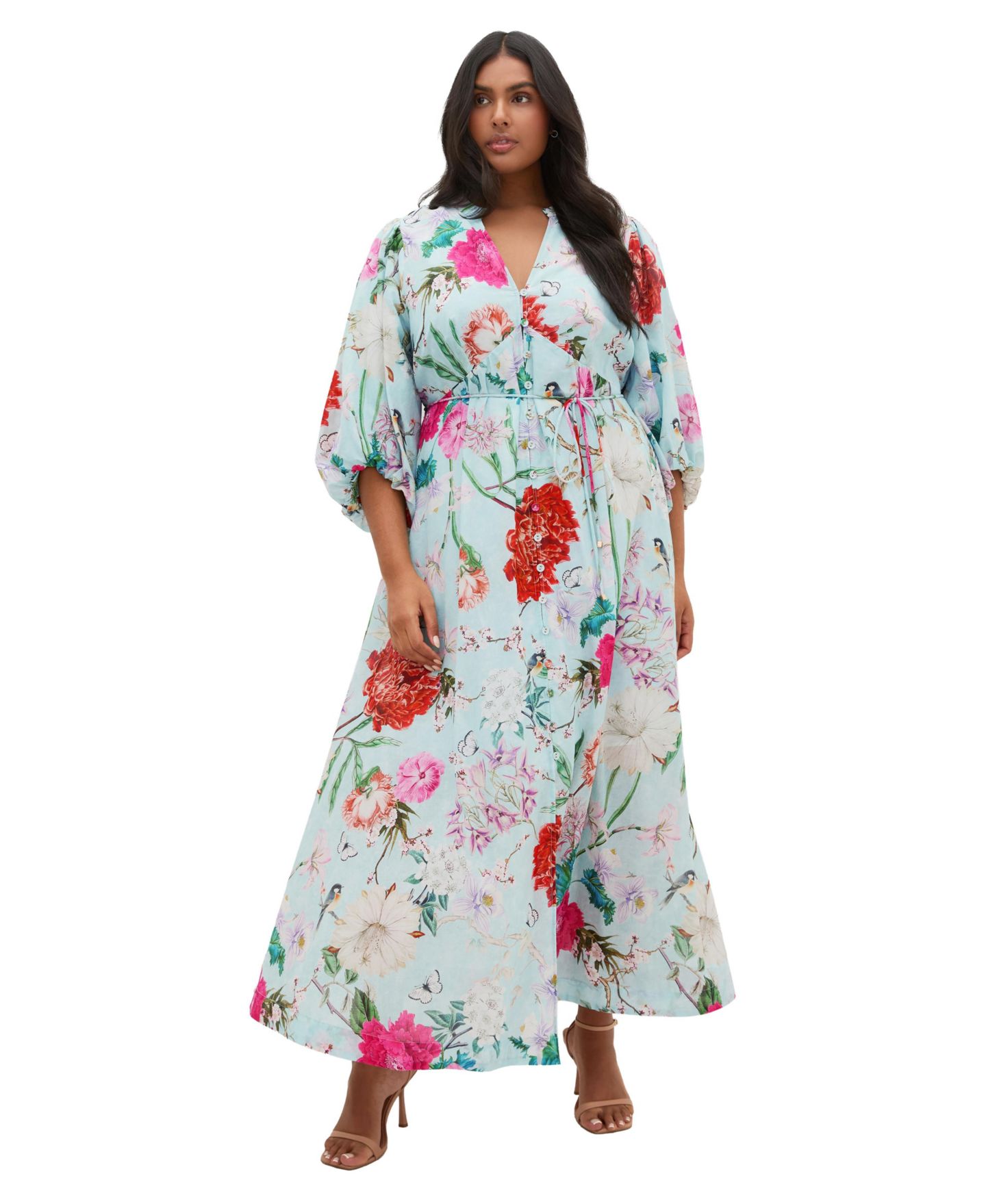 Женское платье CITY CHIC Plus Size Flora Floral-Print V-Neck Balloon-Sleeve Maxi, цвет: Мятный — фото 1