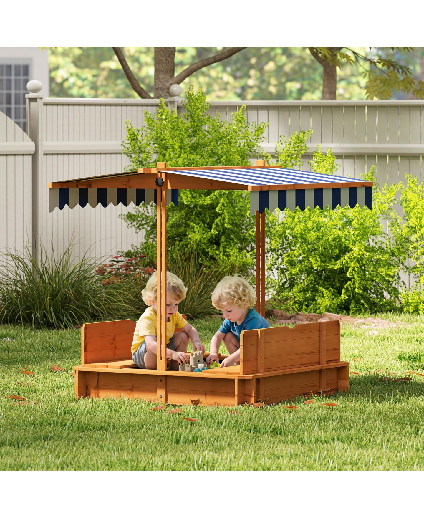 Детская игрушка Glintex Wooden Kids Sandbox with Adjustable Canopy, Foldable Bench Seats and Bottom Liner, 41.7" Square, 45.3" Tall, Ages 2+, цвет: Коричневый — фото 2