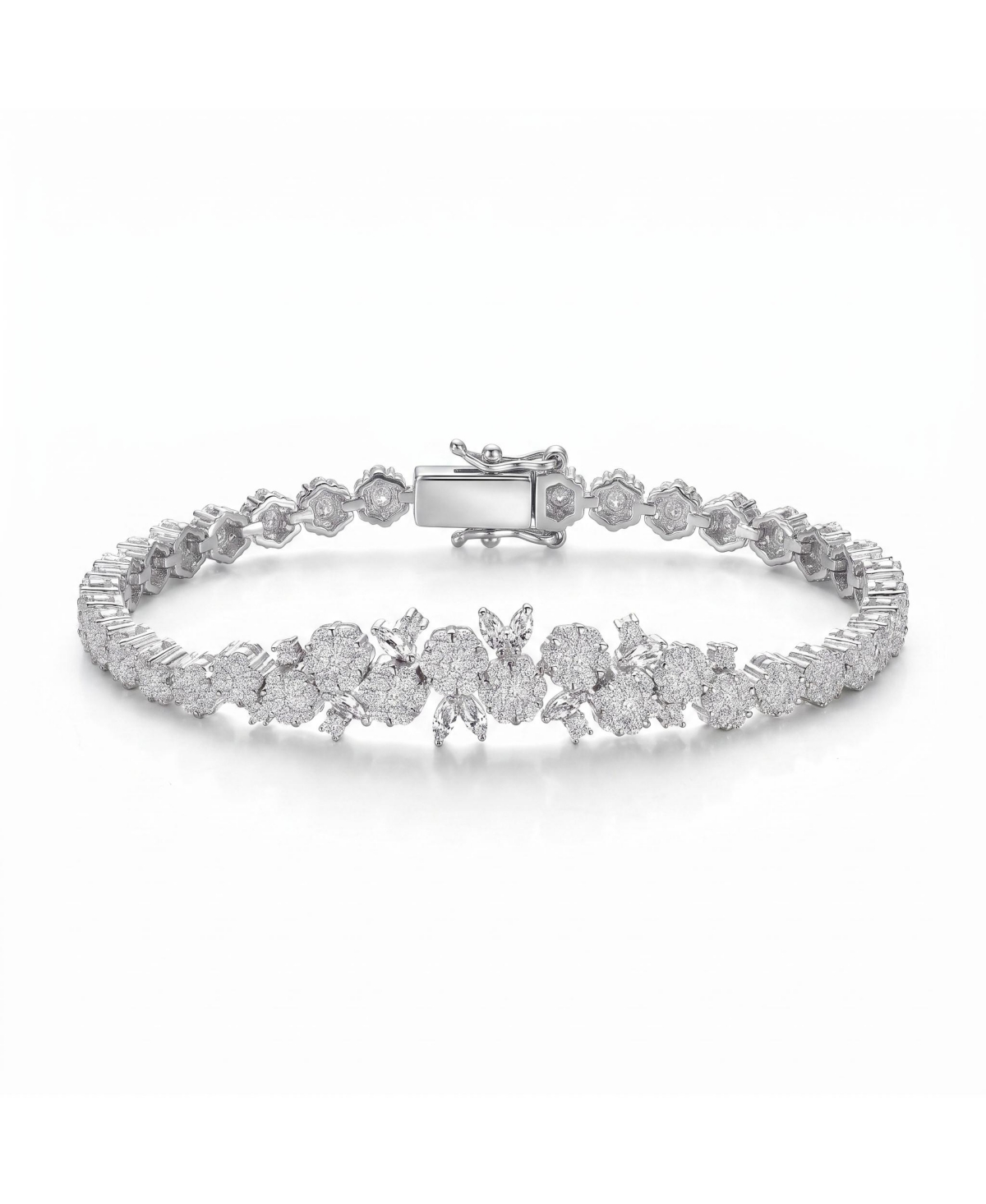Sterling Silver with Rhodium Plated Clear Round Cubic Zirconia Flower Design Tennis Bracelet - White