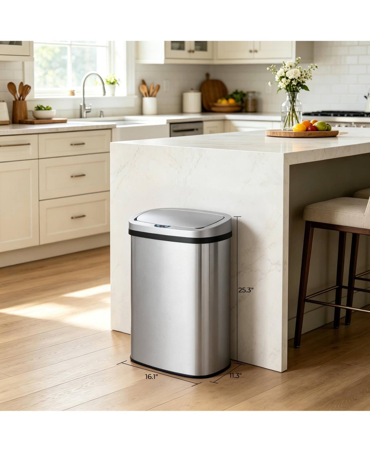 Mega Casa 13 Gal Motion Sensor Stainless Steel Trash Can with 45 Trash Bags with Silent Soft-Close Lid for Office, Kitchen