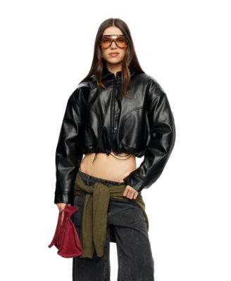 Women's Hudson Cropped Faux-Leather Polo-Collar Bomber Jacket