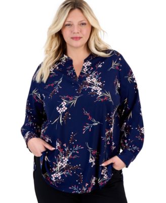 Plus Size Split V-Neck Printed Popover Top