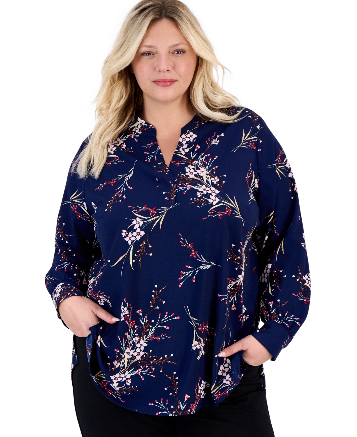 Jones New York Plus Size Half Placket Popover Floral Long-Sleeve Blouse - Pacific Navy Multi