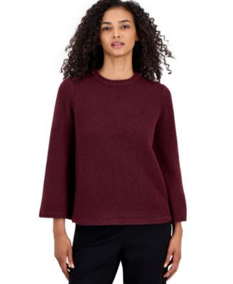 Petite Braided-Trim Long-Bell-Sleeve Sweater