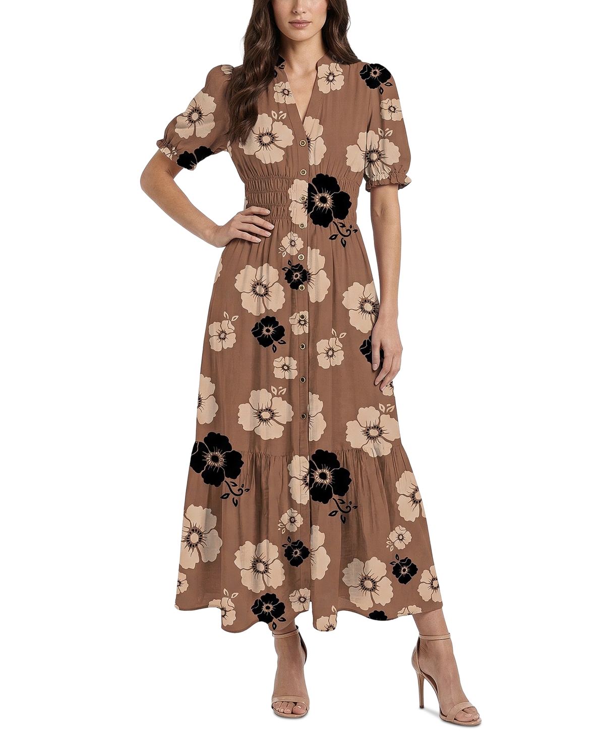 Taylor Women's Floral Print Puff-Sleeve Collared Polyester Shirt Dress