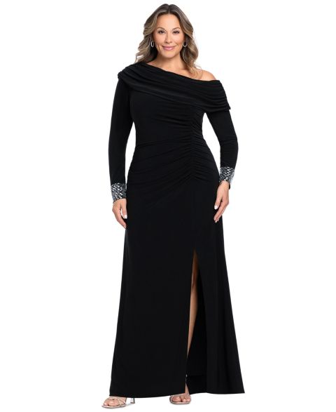 Женские платья Betsy & Adam Plus Size Asymmetrical Neck Gown, цвет: Чёрный серебряный