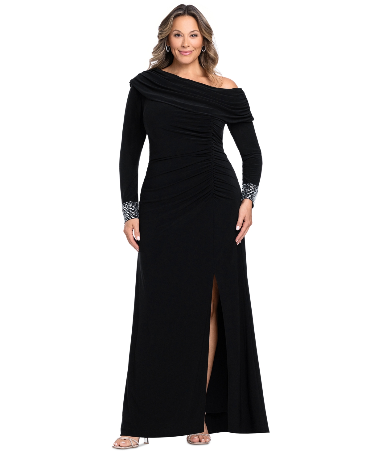 Betsy & Adam Plus Size Asymmetrical Neck Gown - Black Silver