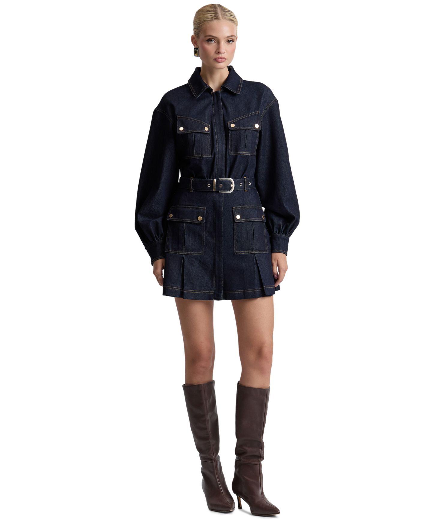 Женское платье Avec Les Filles Stretch Denim Belted Cargo Mini, цвет: Dark Rinse — фото 1