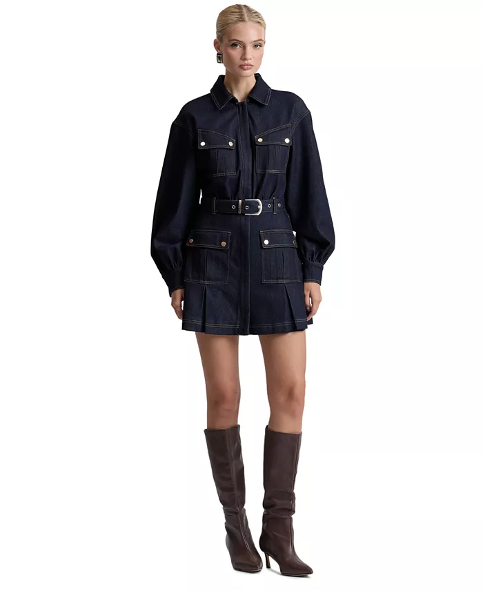 Women's Stretch Denim Belted Cargo Mini Dress