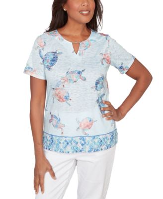 Petite  Sea Turtle Border Split Neck Top