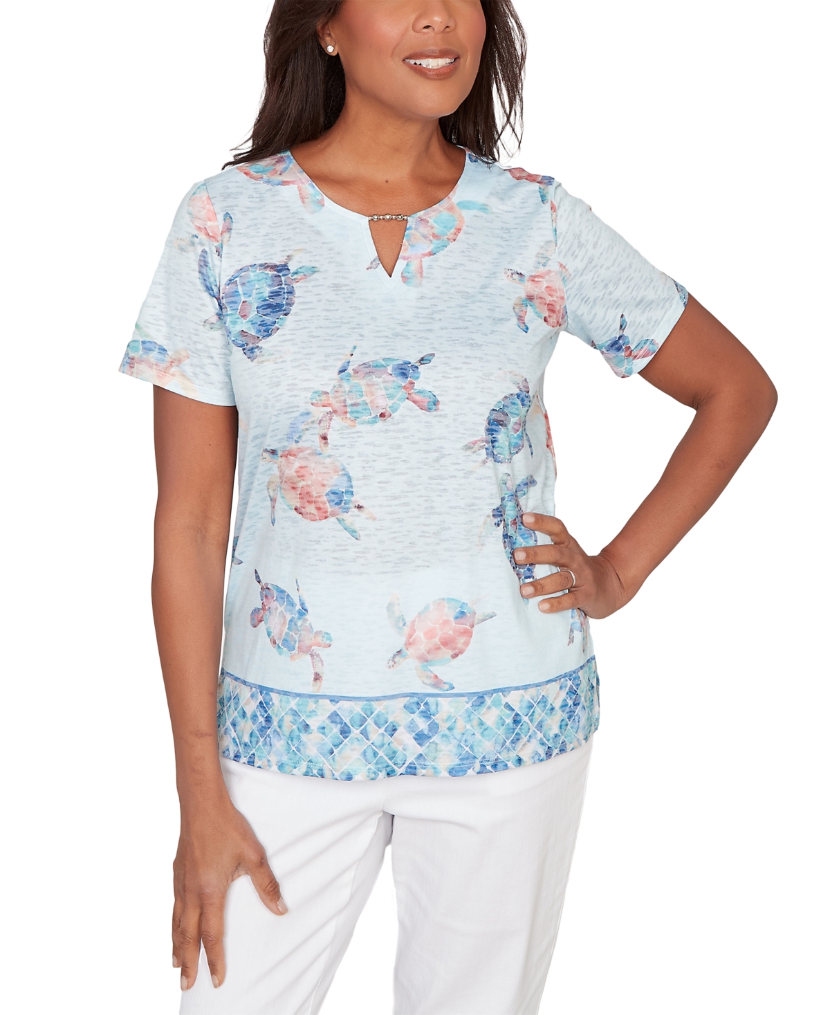 Alfred Dunner Petite Sea Turtle Border Split Neck Top