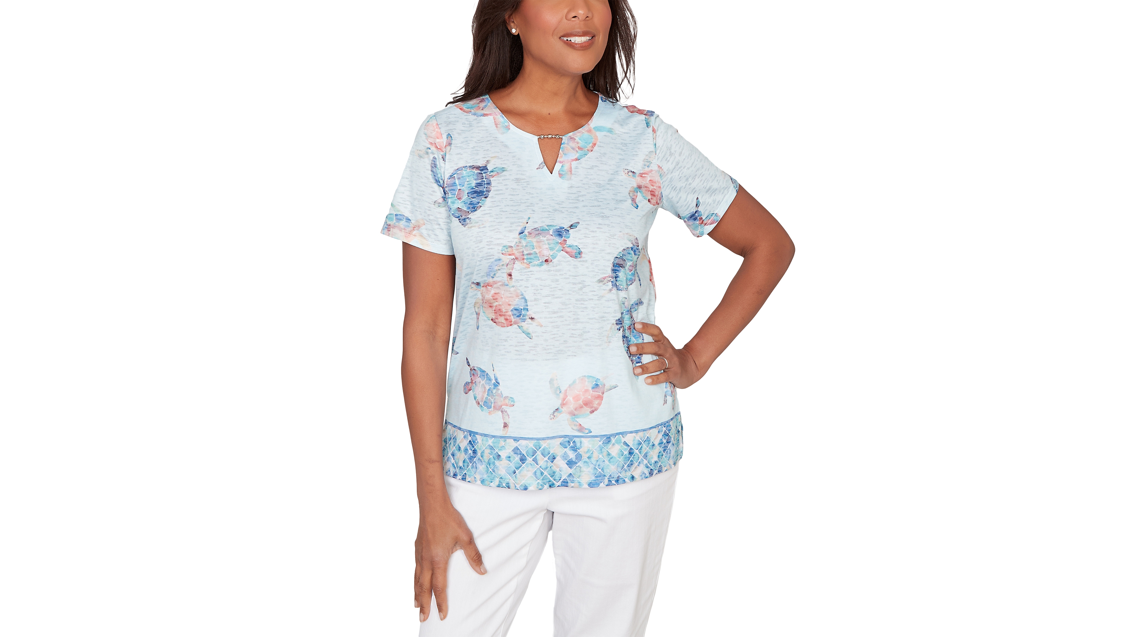 Alfred Dunner Petite Sea Turtle Border Split Neck Top
