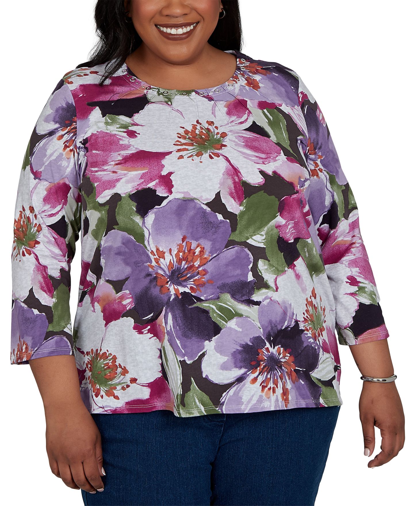 Женский топ Alfred Dunner Plus Size Violet Blooms Knit, цвет: Зелёный разноцветный — фото 1