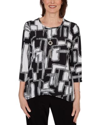 Women's Geo Boxes Puff Printed Top with Necklace