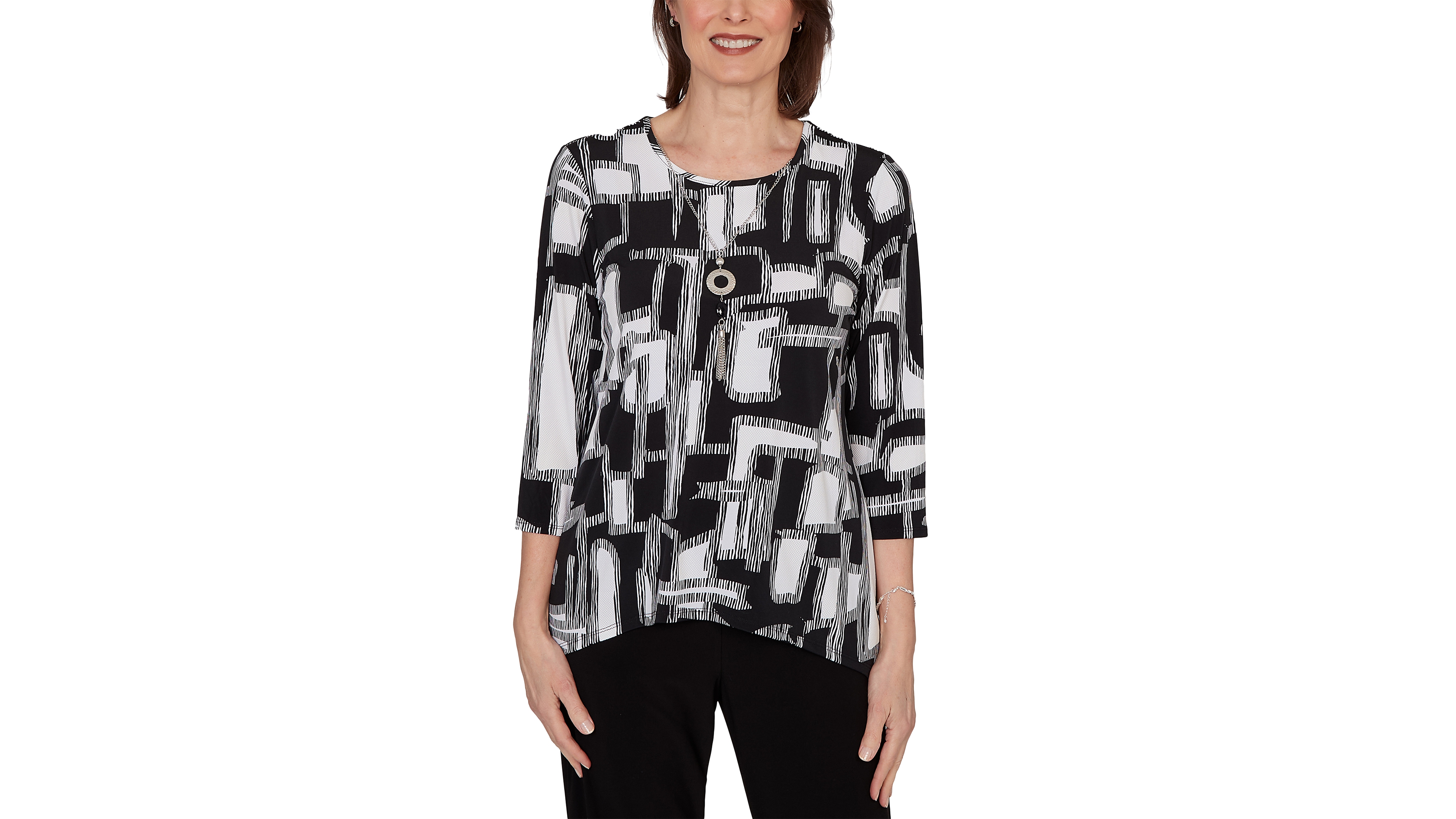 Alfred Dunner Women's Geo Boxes Puff Printed Top with Necklace