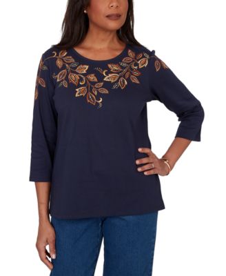 Women's Autumn Embroidered Navy Knit Top
