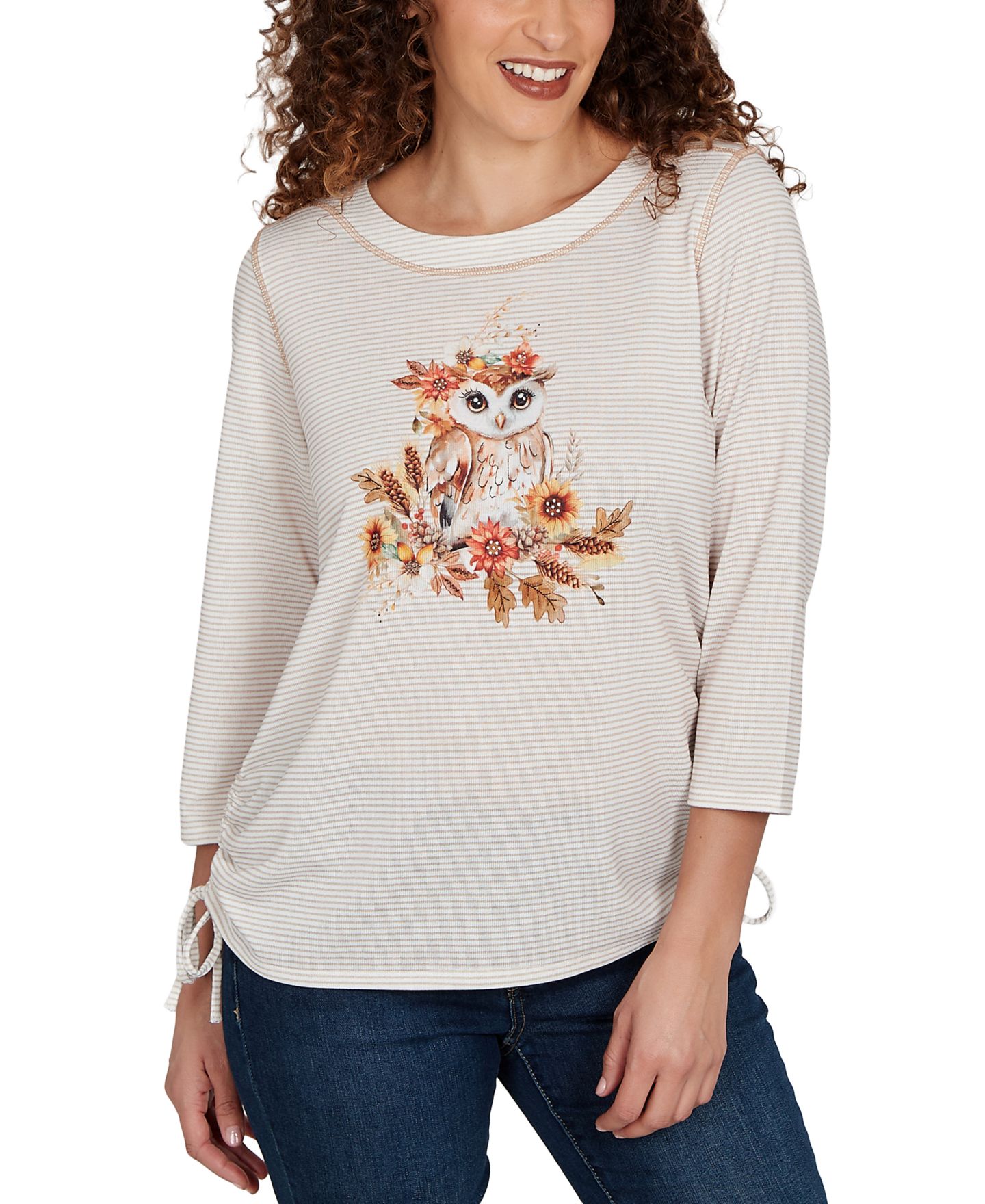 Женский топ Alfred Dunner Petite Autumn Owl Knit, цвет: Рыжевато-коричневый разноцветный — фото 1