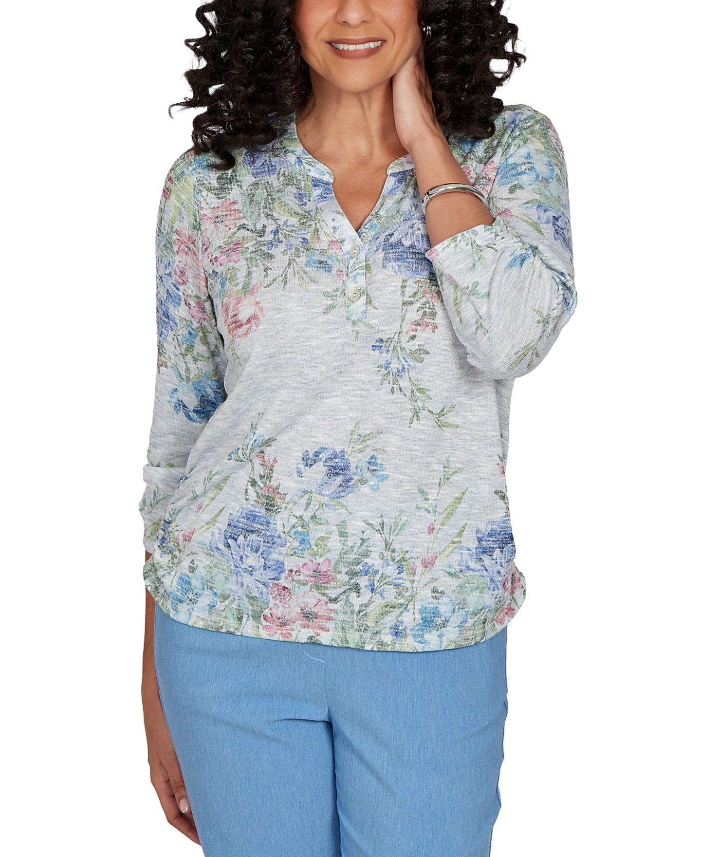 Женский топ Alfred Dunner Provence Floral Borders Henley, цвет: Bluemul — фото 1