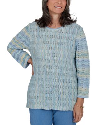 Petite Provence Scalloped-Striped Textured Crewneck Sweater