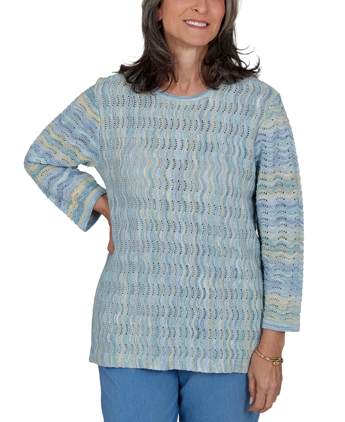 Alfred Dunner Petite Provence Scalloped Stripes Textured Sweater