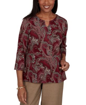 Petite Union Square Paisley 3/4-Sleeve Melange Knit Blouse