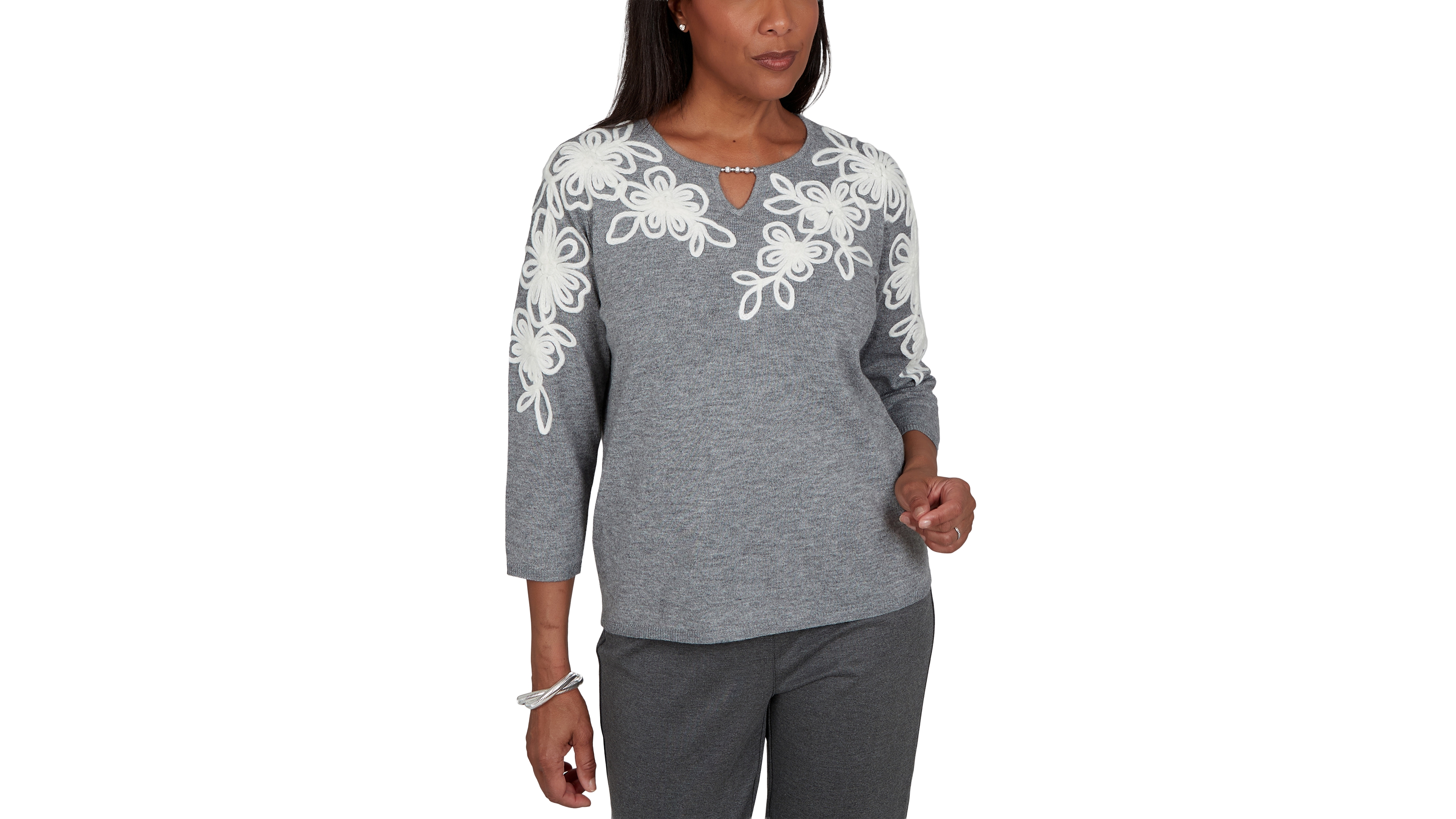 Alfred Dunner Petite Keyhole Floral-Embroidery 3/4-Sleeve Pullover